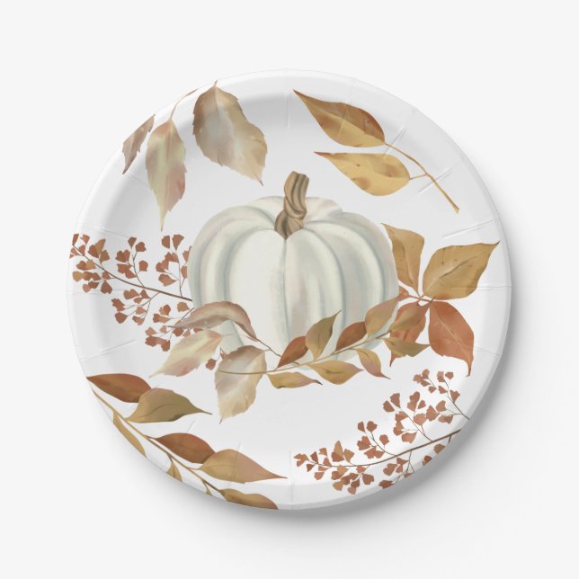 Assiettes En Carton Blancs Citrouille Automne part Thanksgiving (Devant)