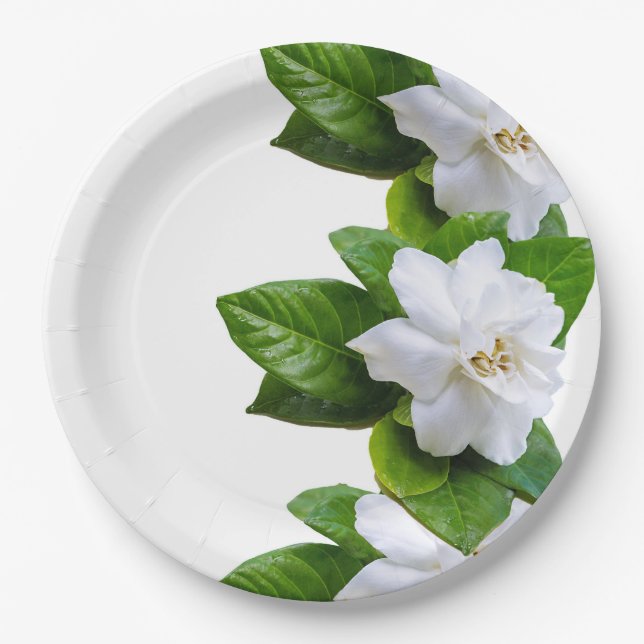 Assiettes En Carton Blancs fleurs de gardenia sur blanc (Devant)
