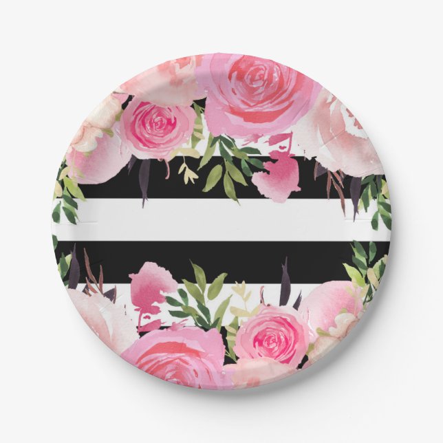 Assiettes En Carton Blancs noirs Fête des mariées florale rose (Devant)