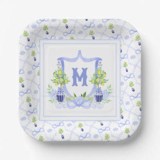 Assiettes En Carton Blason Monogramme d'Arbre de Citron à l'Aquarelle