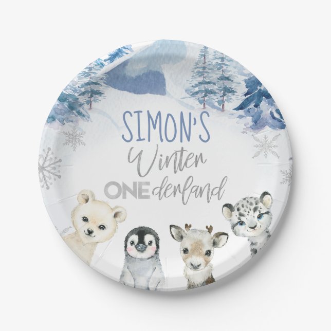Assiettes En Carton Bleu Argent Arctique hiver Onederland Anniversaire (Devant)