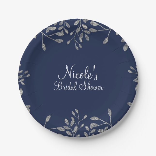 Assiettes En Carton Bleu & Argent Botanique Moderne Mariage élégant (Devant)