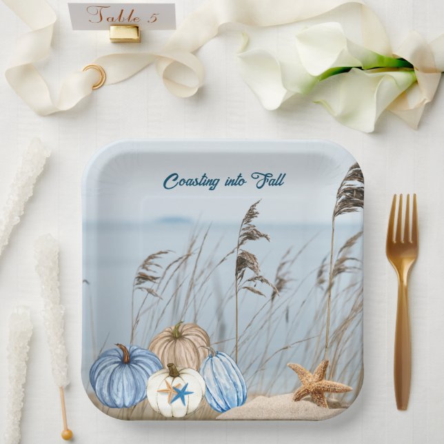 Assiettes En Carton Bleu automne côtier et Citrouilles blancs et Starf (Mariage)