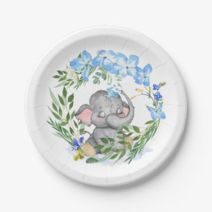 Assiettes En Carton Bleu Baby shower Folio Eléphant
