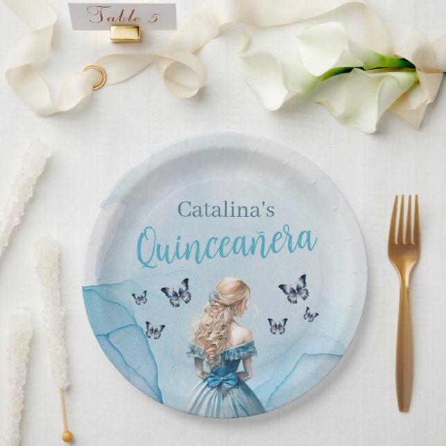 Assiettes En Carton Bleu Beurre d'or Princesse Quinceañera (Mariage)