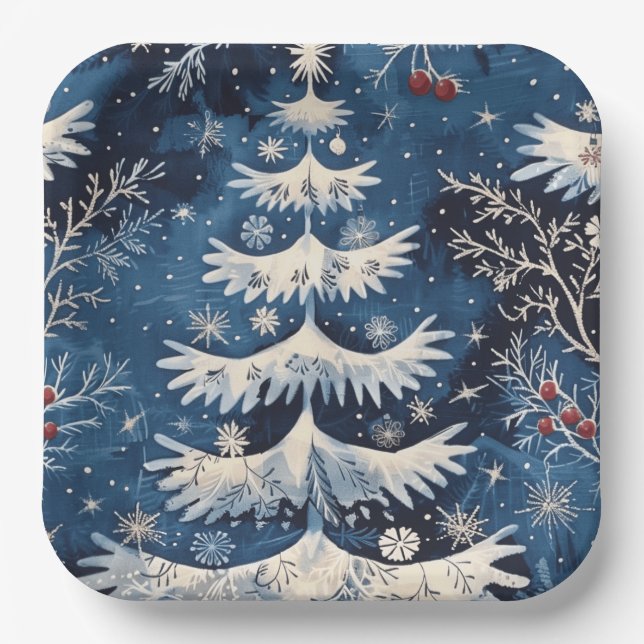 Assiettes En Carton Bleu blanc Arbre de Noël Plaque en papier de Noël (Recto)
