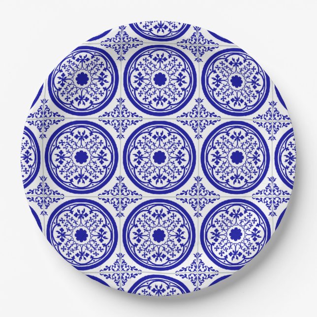 Assiettes En Carton Bleu blanc Motif carrelage gothique (Devant)