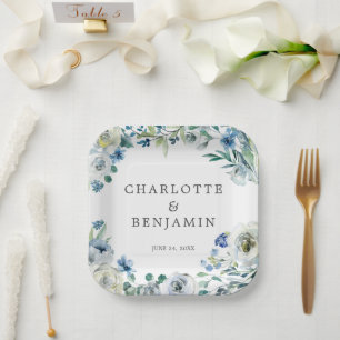 Assiettes En Carton Bleu blanc pivoine Floral Custom Printemps Mariage