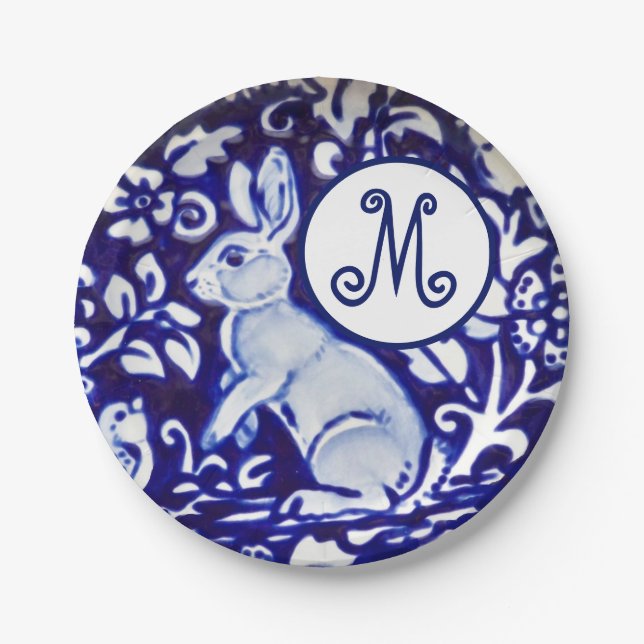 Assiettes En Carton Bleu Blanc Rabbit Oiseau Floral Monogramme Élégant (Devant)