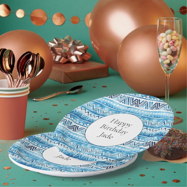 Assiettes En Carton Bleu Blanc Tribal Stripes Anniversaire (Multi)