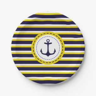 Assiettes En Carton Bleu Bleu Jaune de la marine Nautique Ancre Design