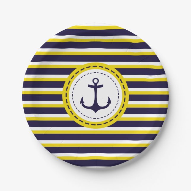 Assiettes En Carton Bleu Bleu Jaune de la marine Nautique Ancre Design (Devant)