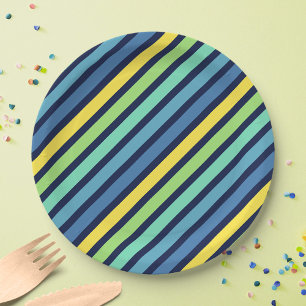 Assiettes En Carton Bleu bleu vert jaune rayures Motif