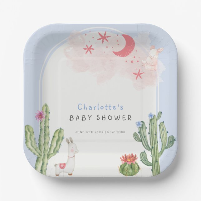 Assiettes En Carton Bleu Boho Arch Cactus Jouets Baby shower garçon (Recto)