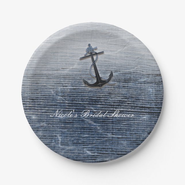 Assiettes En Carton Bleu Bois Élégant Nautique Plage Fête de mer Perso (Devant)