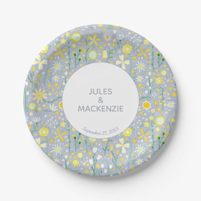 Assiettes En Carton Bleu botanique Fleur sauvage motif floral (Devant)