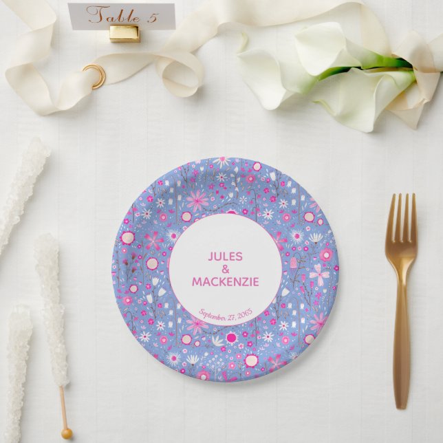 Assiettes En Carton Bleu botanique Fleur sauvage motif floral (Mariage)