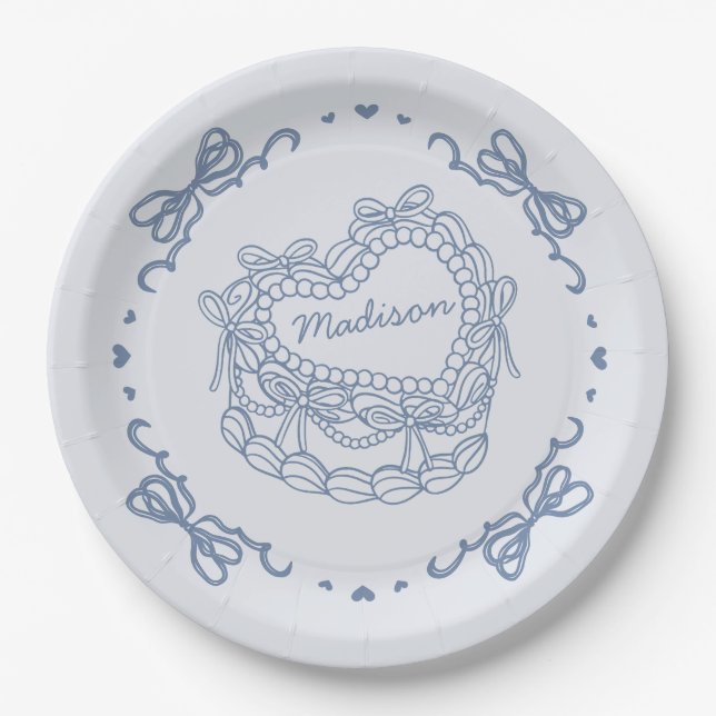 Assiettes En Carton Bleu Bow Retro Coquette gâteau Coquette Personnali (Devant)