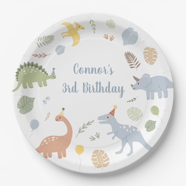 Assiettes En Carton Bleu Boy Boho Dinosaur Anniversaire (Devant)