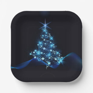 Assiettes En Carton Bleu brillant des étoiles sur l'arbre de Noël fonc