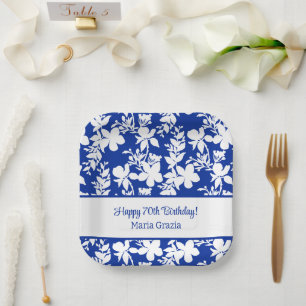 Assiettes En Carton Bleu Chic blanc motif floral 70e anniversaire