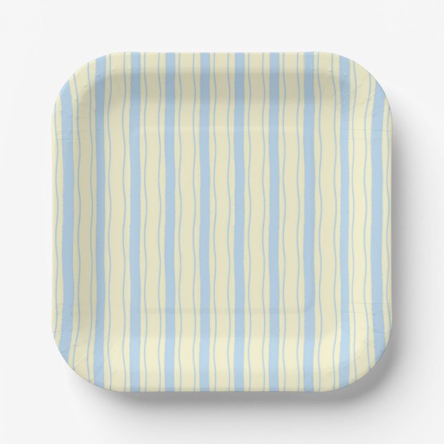 Assiettes En Carton Bleu clair et jaune rayures ondulées (Recto)
