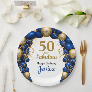 Assiettes En Carton Bleu clair et or plat fête d'anniversaire