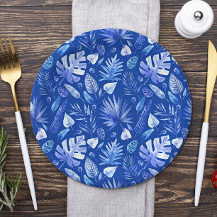 Assiettes En Carton Bleu de cobalt sur motif de feuilles tropicales bl