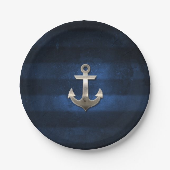 Assiettes En Carton Bleu de marine avec Ancre métallique (Devant)