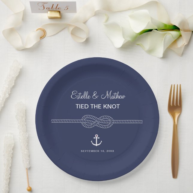 Assiettes En Carton Bleu de marine nautique lié au Mariage de noeud (Mariage)