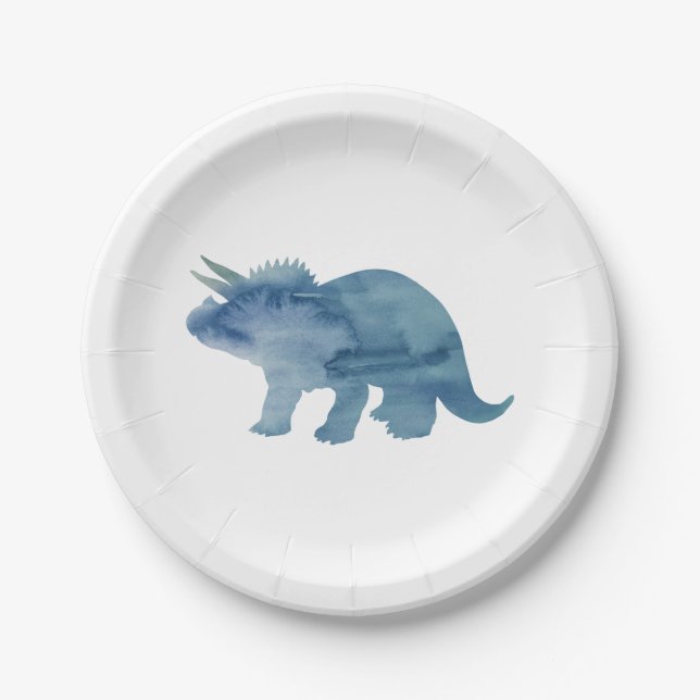 Assiettes En Carton Bleu Dinosaure Silhouette Tricératops Plaque en pa (Devant)