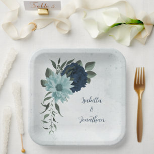 Assiettes En Carton Bleu Dusty fleurs botaniques