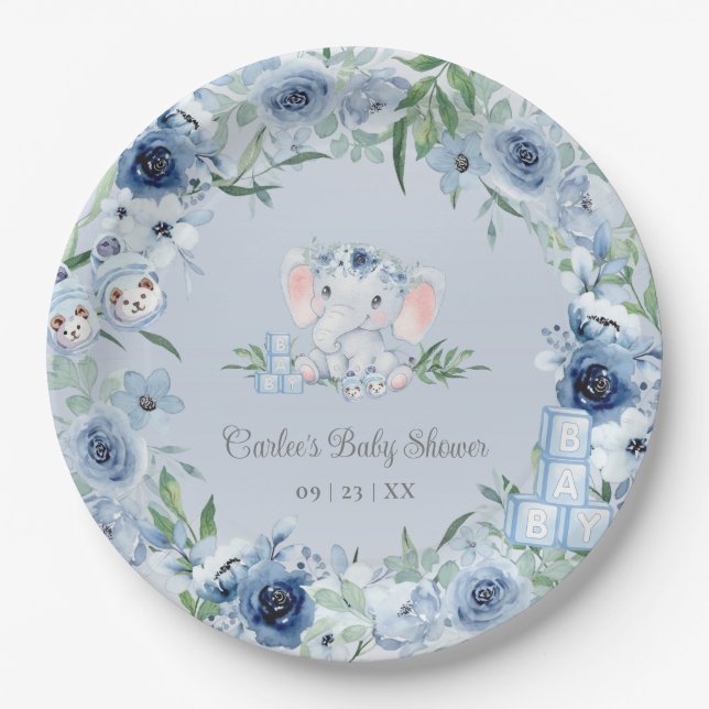 Assiettes En Carton Bleu Eléphant Bleu Floral Baby shower bébé garçon (Devant)
