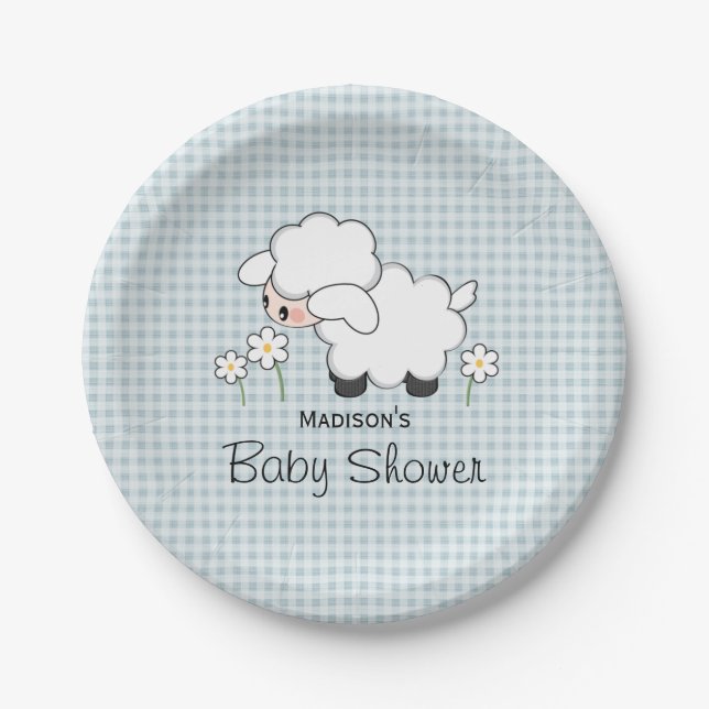 Assiettes En Carton Bleu En vichy agneau bébé garçon douche (Devant)