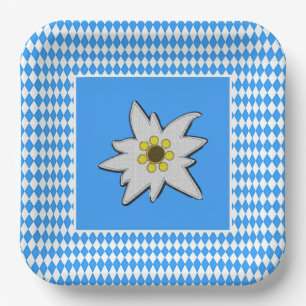 Assiettes En Carton Bleu et blanc avec Edelweiss Oktoberfest