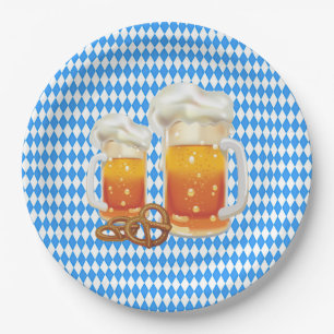 Assiettes En Carton Bleu et blanc avec la bière Steins Oktoberfest