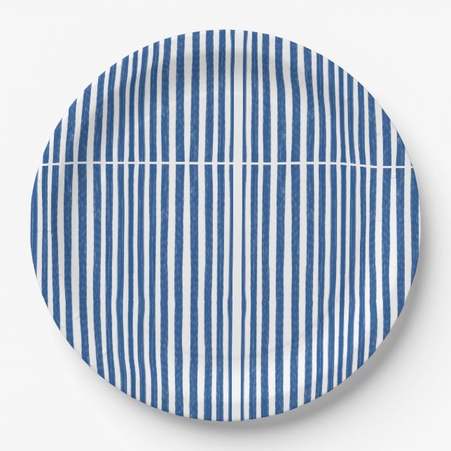 Assiettes En Carton Bleu et blanc Bandes marines (Devant)