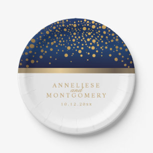 Assiettes En Carton Bleu et blanc de la marine avec points Confetti d'