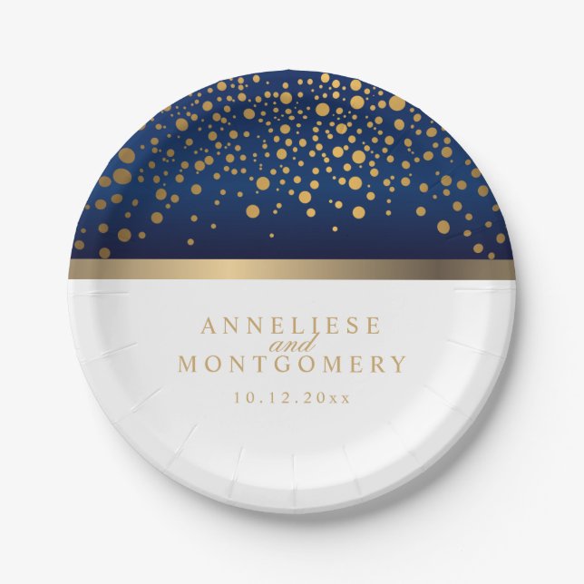 Assiettes En Carton Bleu et blanc de la marine avec points Confetti d' (Devant)