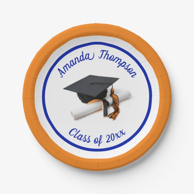 Assiettes En Carton Bleu et Orange Graduation Cap et Tassel | Personna (Devant)