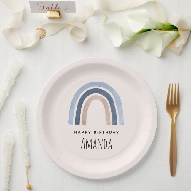 Assiettes En Carton Bleu et Pêche Arc-en-ciel Design Boho Anniversaire (Mariage)