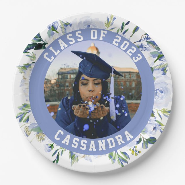 Assiettes En Carton Bleu Floral Rose Graduation Photo (Devant)