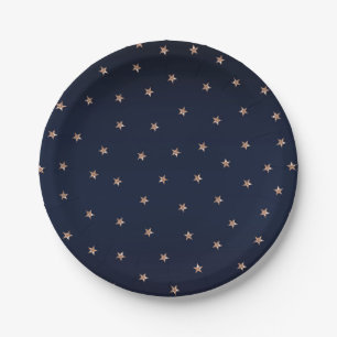 Assiettes En Carton Bleu foncé et rose gold pailleté étoiles
