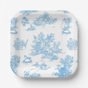 Assiettes En Carton Bleu Français et Toile de Jouy Blanche Baby Shower