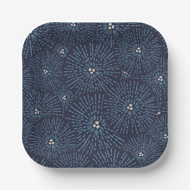 Assiettes En Carton Bleu géométrique floral traditionnel japonais (Recto)