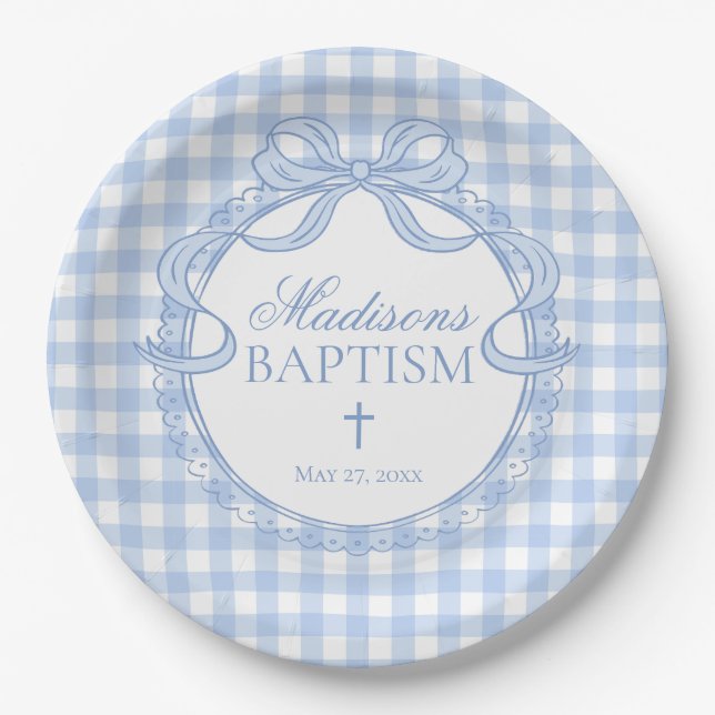 Assiettes En Carton Bleu Gingham Coquette Noeud Baptême (Devant)