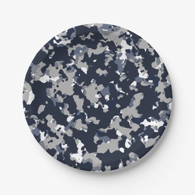 Assiettes En Carton Bleu Gris Blanc Camouflage Camo Motif Fête (Devant)