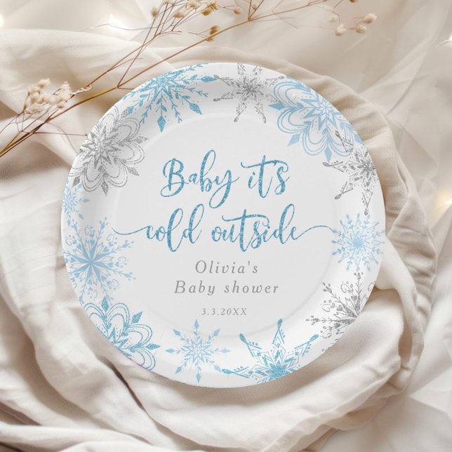 Assiettes En Carton Bleu hiver argent flocons de neige baby shower Bal (Créateur téléchargé)