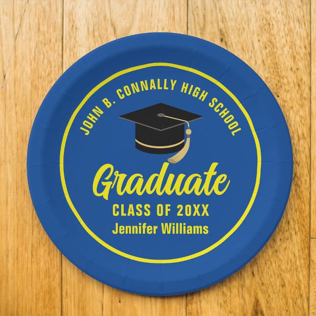 Assiettes En Carton Bleu Jaune Diplômé sur mesure fête de graduation (Créateur téléchargé)