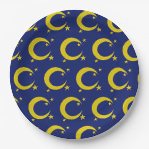 Assiettes En Carton Bleu Jaune nuit Ciel Croissant Lune Étoiles Soir